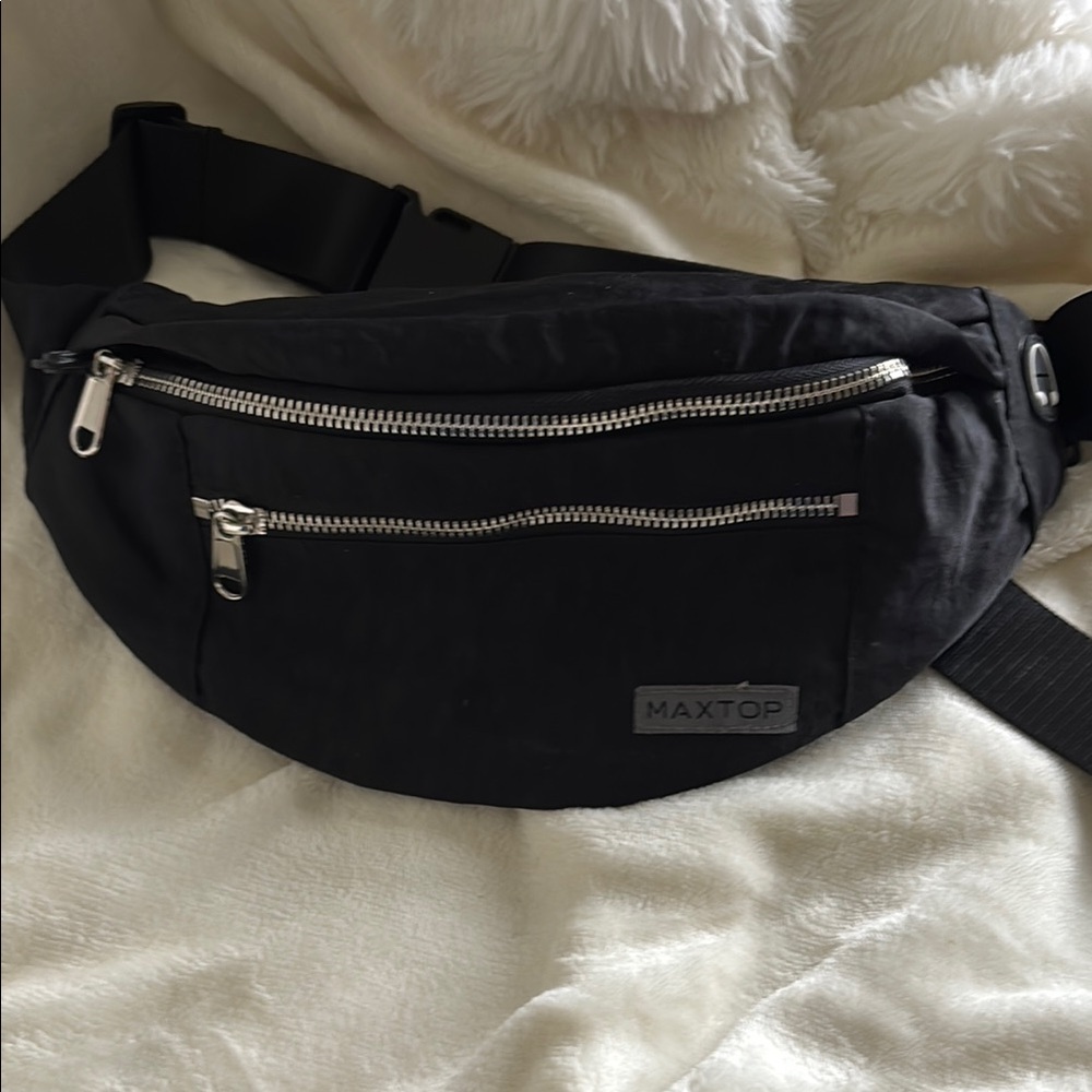 Black Crossbody Bag with Textured Fabric and Silver Zippers